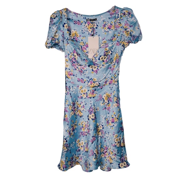 ZARA Light Blue Floral Satin Effect Short Dress XS NWT - Picture 5 of 8